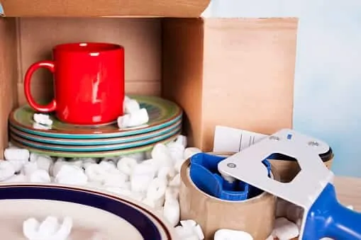 Dishes wrapped in packing paper inside a moving box